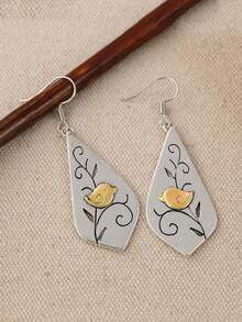 复古手工鸟形吊坠耳环，水滴形大耳环，精致艺术耳环，完美的节日礼物 - 銀色 - 查看 6