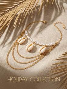 1pc Beach Vacation Style Multi-Layer Alloy Chain Women's Pearl Jewelry Arm Bracelet, With Mixed Pearl, Shell, Eye And Starfish Pendants, Women's Party Gift [Shell Position Random] - Gold - View 4