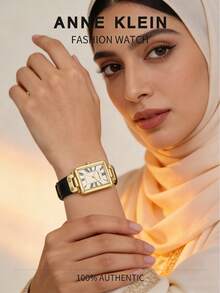 Anne Klein 女士黑色皮表带石英表，米色纹理表盘，金色表壳，优雅时尚，适合作为女士礼物，AK/3752CRBK - 黑色 - 查看 3