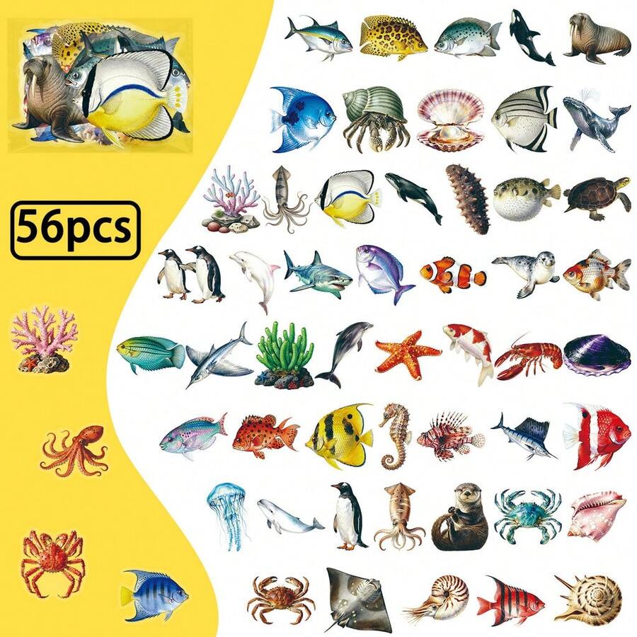 56张全新逼真海洋动物贴纸 - 高透明PET鱼形贴纸，适用于创意手工 - 56件 - 查看 1