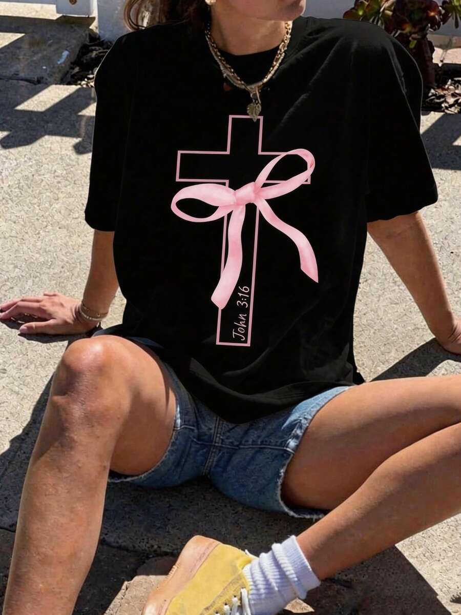 Young Girl's Cartoon Bow Criss-Cross Print Round Neck T-Shirt, Spring/Summer Y2K Style Casual Soft Top For Women - Black - View 1