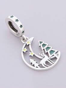 1 Piece 925 Sterling Silver Moon Star Deer Forest Dangle Charm, Enamel Pendant Bead DIY Unisex Christmas Jewelry Gift - Silver - View 2