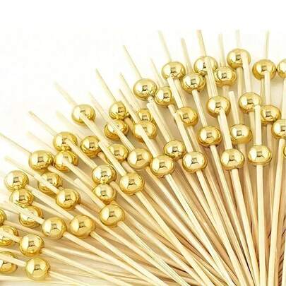10/30/50/100/200 piezas Pinchos de bambú con perla dorada, con parte superior de cuentas doradas - Ideal para aperitivos, bebidas, frutas, jamones y bodas, decoración de bodas | Tenedores de fruta elegantes con cuentas doradas | Palitos de bambú duraderos para decoración de platos de fruta