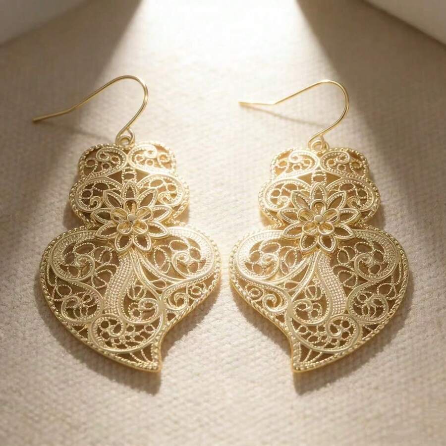 Khuyên tai móc hình trái tim kiểu cổ điển dễ thương, thích hợp làm quà tặng cho phái nữ, trang sức mạ vàng. - Vàng - Xem 1