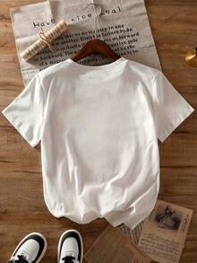 豹纹圆领T恤，复古街头风，圆领短袖，大码女式T恤，宽松舒适，春季前开衩半身裙，大码女装，白色衬衫，女装，夏季休闲穿搭 - 白色 - 查看 3