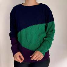 Blusa Tricot Tricolor  Tricô    Malhado  Ponto em cabo    Blusa Feminina Tricot  Diário    Outono Inverno - Azul Marinho - Visão 4