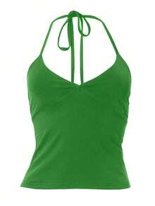 Minimalist Halter Top With V-Neck And Neck Tie - Summer - 綠色 - 查看 4