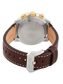 CITIZEN 45毫米不锈钢表壳多功能腕表，功能：不锈钢表壳（银色+金色），金色旋转表圈，黑色表盘带3个小表盘，日期显示，世界时间，棕色皮表带，矿物玻璃表镜，100米防水，-Drive机芯 - JY8084-17H - 黑色 - 查看 4