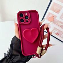 1 pieza Funda de teléfono con forma de corazón con soporte y cordón, compatible con iPhone 17/17 Air/17 Pro/17 Pro Max/16/7/8/11/12/13/14/15/X/XR/Xs/Plus/Pro/Pro Max/SE2 - Burdeos - Ver 1