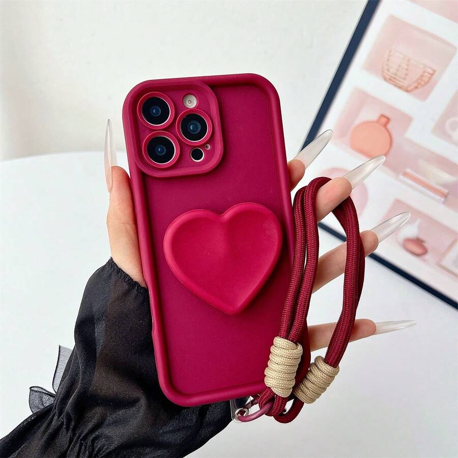 1 pieza Funda de teléfono con forma de corazón con soporte y cordón, compatible con iPhone 17/17 Air/17 Pro/17 Pro Max/16/7/8/11/12/13/14/15/X/XR/Xs/Plus/Pro/Pro Max/SE2 - Burdeos - Ver 1