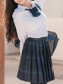 1件套学院风JK制服 - 白色修身长袖上衣和炭灰色格子裙套装，含格子领带，派对礼服 - 彩色 - 查看 10