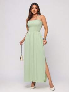 Women's Long Dress With Slit And Elasticated Bust - Affordable And Elegant - Xanh nước biển - Xem 2