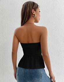 Women's Peplum Strapless Blouse With Ruffled Detail - Summer - màu đen - Xem 6