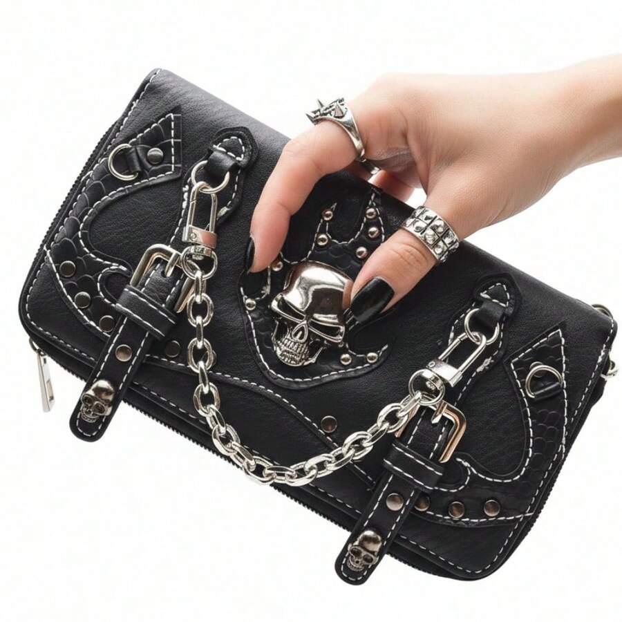 Punk Gothic Skull Leather Clutch With Card Slots And Coin Pouch For Women Wallet Purse Studs Chain Rivet Buckle Wristlet Wallet Long Wallet With Multi-Functional Large Capacity - Black - View 1