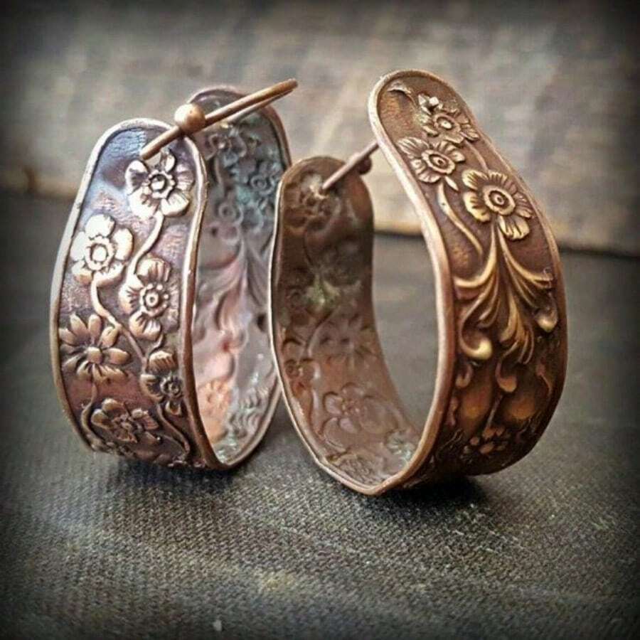 复古波西米亚风手工雕刻花朵耳环，优雅的青铜色花卉图案，适合日常佩戴和参加派对，是完美的派对配饰。 - 銅色 - 查看 1