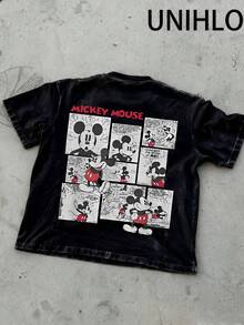 Disney UNIHLO  Mickey    Printed Summer Heavyweight Retro Washed Street Fashion Casual T-Shirt - Black - View 1