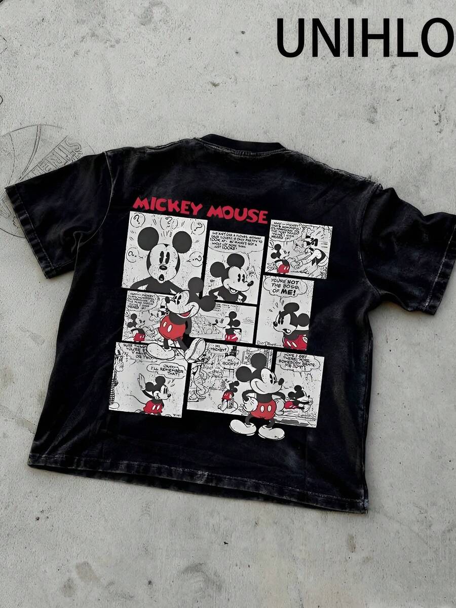 Disney UNIHLO  Mickey    Printed Summer Heavyweight Retro Washed Street Fashion Casual T-Shirt - Black - View 1
