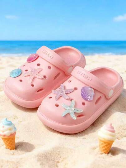 1 Pair New Pink EVA Children's Shoes - Fashionable Summer/Autumn Girls' Slippers With 3D Pearl Flower Decor, Comfortable Soft-Sole Water Shoes, Elegant Closed-Toe Kids' Slides For Bathroom, Bedroom, Indoor/Outdoor, Lightweight Flat Toddler Garden Shoes, Essential For Travel And Gatherings