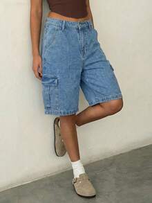 Women's Multi-Pocket Casual Cargo Denim Bermuda Shorts - Medium Wash - View 1