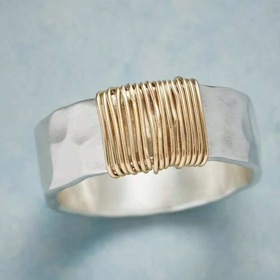 Nhẫn bản rộng hai tông màu phong cách tối giản cổ điển - Trang sức vàng trắng và đồng, nhẫn phong cách Gothic Punk, phù hợp để đeo hàng ngày và dự tiệc, phụ kiện dự tiệc và thường ngày, trang sức dự tiệc, trang sức tối giản. - Hai màu - Xem 1