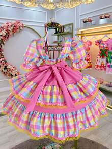 Children's Dress For June Festival, Checkered Pattern With Candy Pink Ribbons, Junina Country Style, Square Dance, Saint John's Day, Ruffles - Nhiều màu - Xem 4