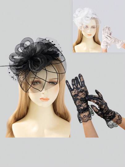 1 Set Women's Mesh Floral Decorated Hat, Lace Gloves, Elegant Vintage Accessories For Daily Wear, Banquet, Party