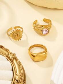 3件套18K镀金304不锈钢简约光滑圆形耳环，镶嵌圆形立方氧化锆，时尚优雅，适合女性日常佩戴 - 金黃色 - 查看 4