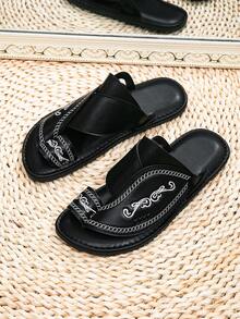 Men's Middle Eastern Arabic Style Basic Faux Leather Sandals, Black Casual Beach Slippers - Black - View 5