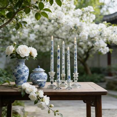 2pcs Blue & White Patterned Pillar Candles, 9.84 Inch Retro Design Desktop Decor Candles, Chinese Floral Pillar Candles, Suitable For Wedding, Dinner Party, Home Decor, Holiday Atmosphere, Valentine's Day