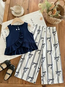 女童夏季无袖套装，海军蓝荷叶边上衣+蝴蝶结条纹阔腿裤两件套，时尚透气 - 寶藍色 - 查看 1