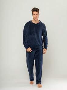 Men's Ultrasoft Long Fleece Pajamas For Cold Winter - Navy Blue - View 1