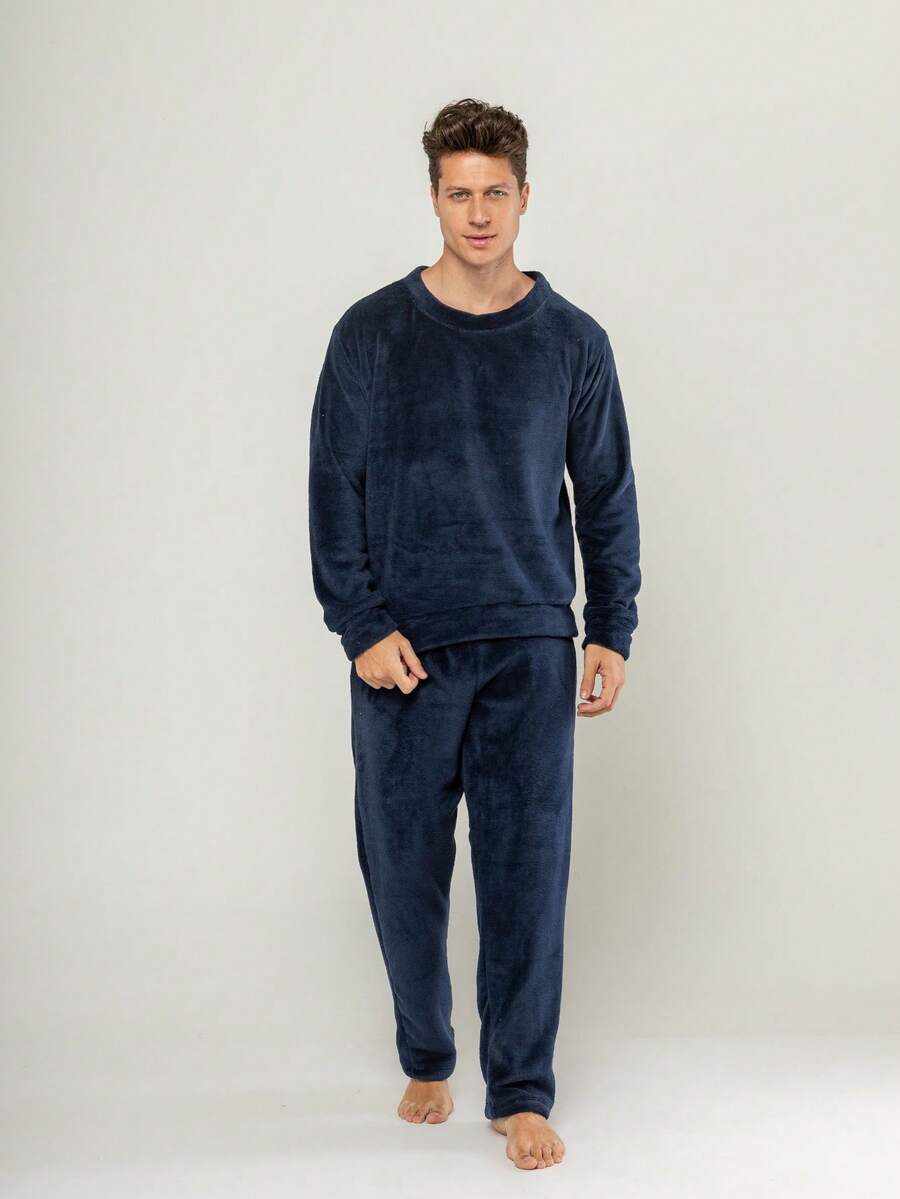 Men's Ultrasoft Long Fleece Pajamas For Cold Winter - Navy Blue - View 1