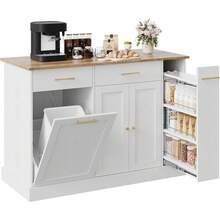 Isla de cocina con ruedas y espacio de almacenamiento, con cubo de basura, especiero y toallero, mesa de isla móvil para cocina, blanco, negro, negro y mármol, gris y mármol, azul, verde menta y verde oliva. - Blanco - Ver 7