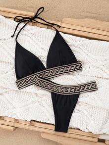 Elegant Women Halter Backless Bikini Set With Knot And Lace Up Details High Stretch Fabric - Black - View 6