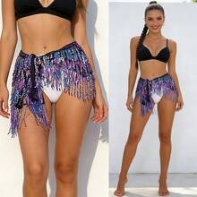 1件装女士波浪腰链肚皮舞服装，可调节亮片流苏雪纺舞裙，不对称摆裙，适合纱丽风格，适用于狂欢节、派对、夜总会、海滩、异域风情服装装饰、波西米亚风、复古风 - 彩色 - 查看 2