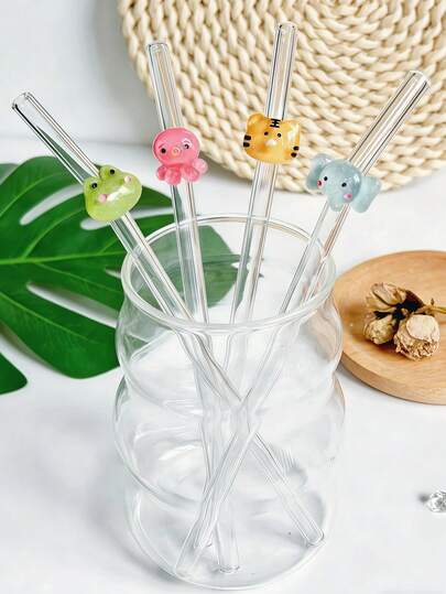 1/2PCS Animal Cartoon Glass Straws, Designed With Patterns Of /Tiger/Frog/Elephant/Octopus, Transparent And Bendable Reusable Straws, Suitable For Cold Drinks, Milk Tea, Coffee, Juice, Smoothies, Kitchens, Restaurants, Cocktail Parties, Back-To-School, Gifts For Girlfriends/Boyfriends, Parents, Friends, Holiday Items, Halloween, Thanksgiving, And Christmas.
