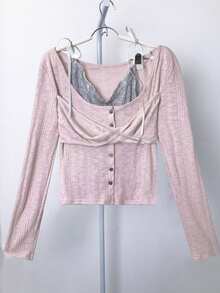 两件套 春季韩版蕾丝吊带背心和长袖修身露肩上衣 粉色 - 粉色 - 查看 8