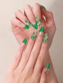 22pcs Lucky Green Gradient Shiny Gel Nail Stickers, St. Patrick's Theme, Vibrant Green Four-Leaf Clover Star Design, Long-Lasting, No UV Lamp Needed, Suitable For Women & Girls Daily, Commute, Spring/Summer, St. Patrick's Party, DIY Nail Art Nails - Green - View 8