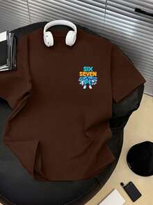 Kaos Anak Laki-laki Lengan Pendek Leher Bulat Bergambar Kartun Angka "67" & Huruf, Pakaian Anak Musim Semi/Panas Terbaru - Coklat - View 5