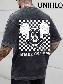 Disney UNIHLO  Mickey    Printed Summer Heavyweight Retro Washed Street Fashion Casual T-Shirt - Black - View 2