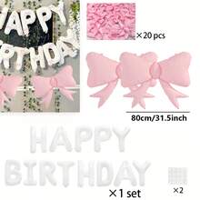 37 Stücke 16-Inch weißes Geburtstagsbanner mit rosa Schleifenförmigem Folie Ballon Set, geeignet für Geburtstagsdekoration - Übersicht 2