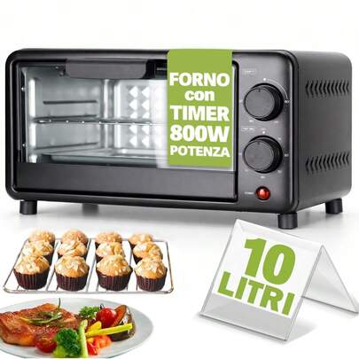 Bakaji Forno Fornetto Elettrico Ventilato Capacità 10 litri Potenza 800W Temperatura Regolabile Elementi Riscaldanti in Acciaio Luce Interna Funzione Timer
