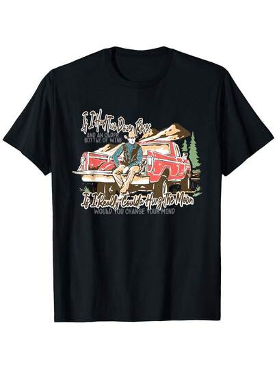 If I Had Two Dozen Roses Western Cowboy Printed T-Shirt, Women's Printed T-Shirt 220g, 100% Cotton, Retro Street Women's Short-Sleeved T-Shirt, Round Neck Casual Women's Outdoor T-Shirt Short-Sleeved, New Year, Mother's Day, Halloween, Christmas, Daily Four Seasons Wear, Holiday Gifts