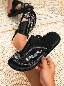 Men's Middle Eastern Arabic Style Basic Faux Leather Sandals, Black Casual Beach Slippers - Black - View 1