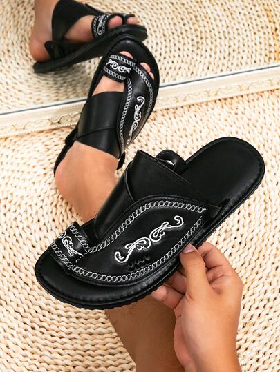 Men's Middle Eastern Arabic Style Basic Faux Leather Sandals, Black Casual Beach Slippers