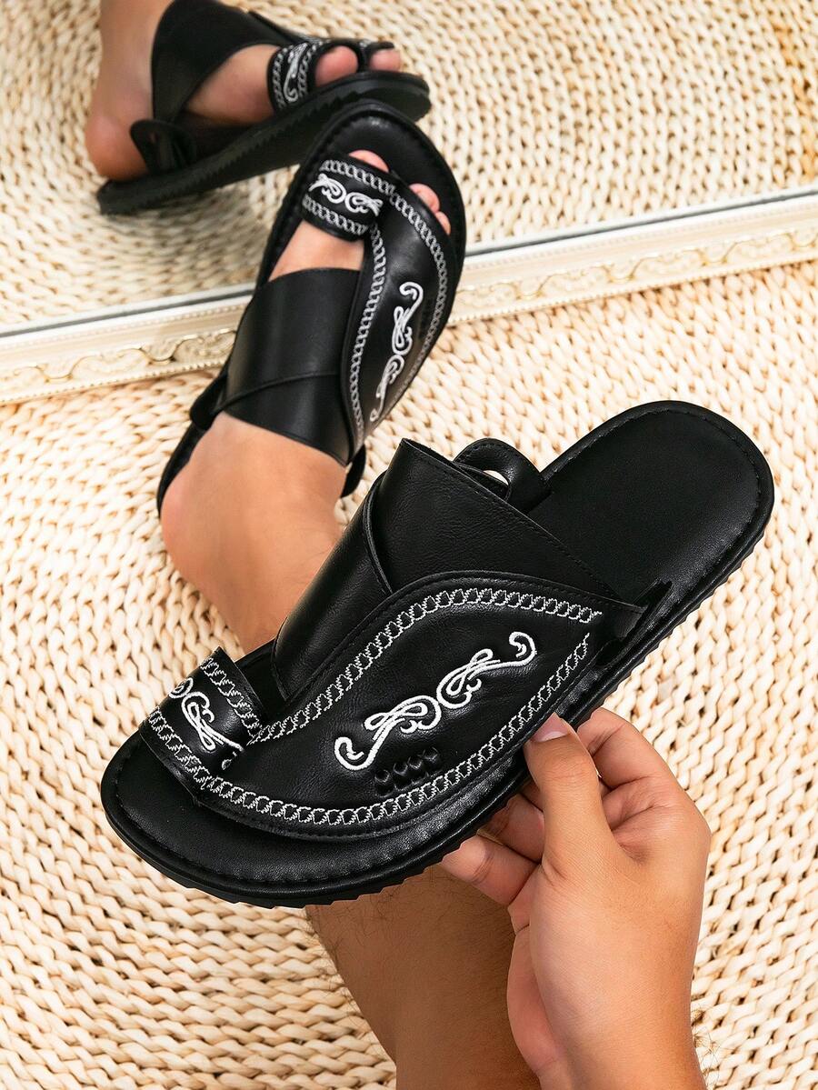 Men's Middle Eastern Arabic Style Basic Faux Leather Sandals, Black Casual Beach Slippers - Black - View 1
