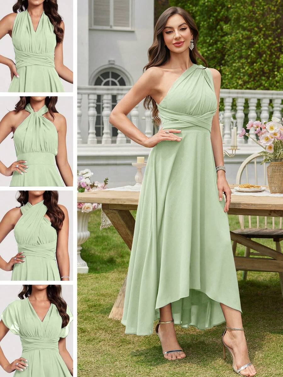 Volly Toych 鼠尾草绿百搭A字优雅不对称V领中长雪纺伴娘礼服，婚礼宾客礼服 - 青瓷 - 查看 1