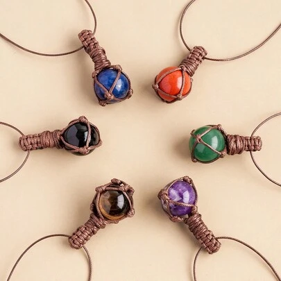 1pc Natural Crystal Ball Colorful Net Woven Gemstone Necklace Pendant, Women's Gift, Energy Stone Crystal, Mother's Day Gift