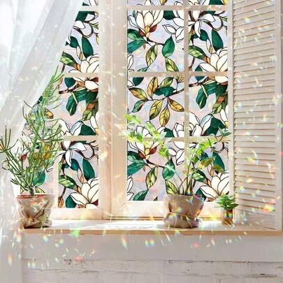 1pc New Floral Pattern Glass Sticker, PVC Window Film, Opaque UV Protection Privacy Glass Decal For Bedroom, Living Room, Kitchen, Door, Window, Bathroom