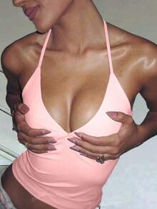 Minimalist Halter Top With V-Neck And Neck Tie - Summer - Pink - View 5